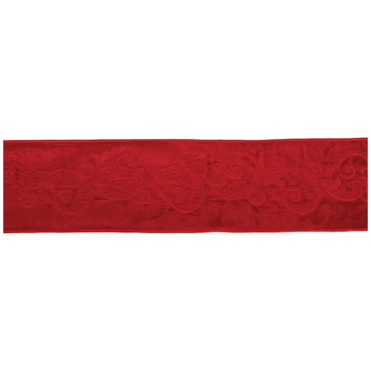 4" x 5yd. Red Ornate Embroidered Ribbon